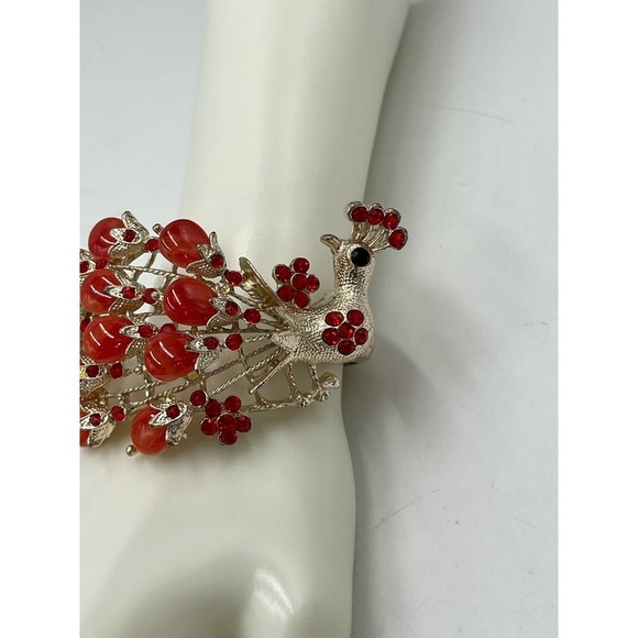 Red Cabachon Beaded Rhinestone Gold Tone Peacock Bangle Bracelet - Picture 4 of 11